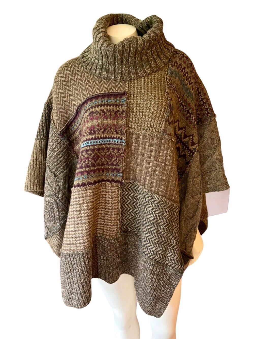 Polo Ralph Lauren Oversized Green Brown Wool Blend Patchwork Sweater Poncho M/L